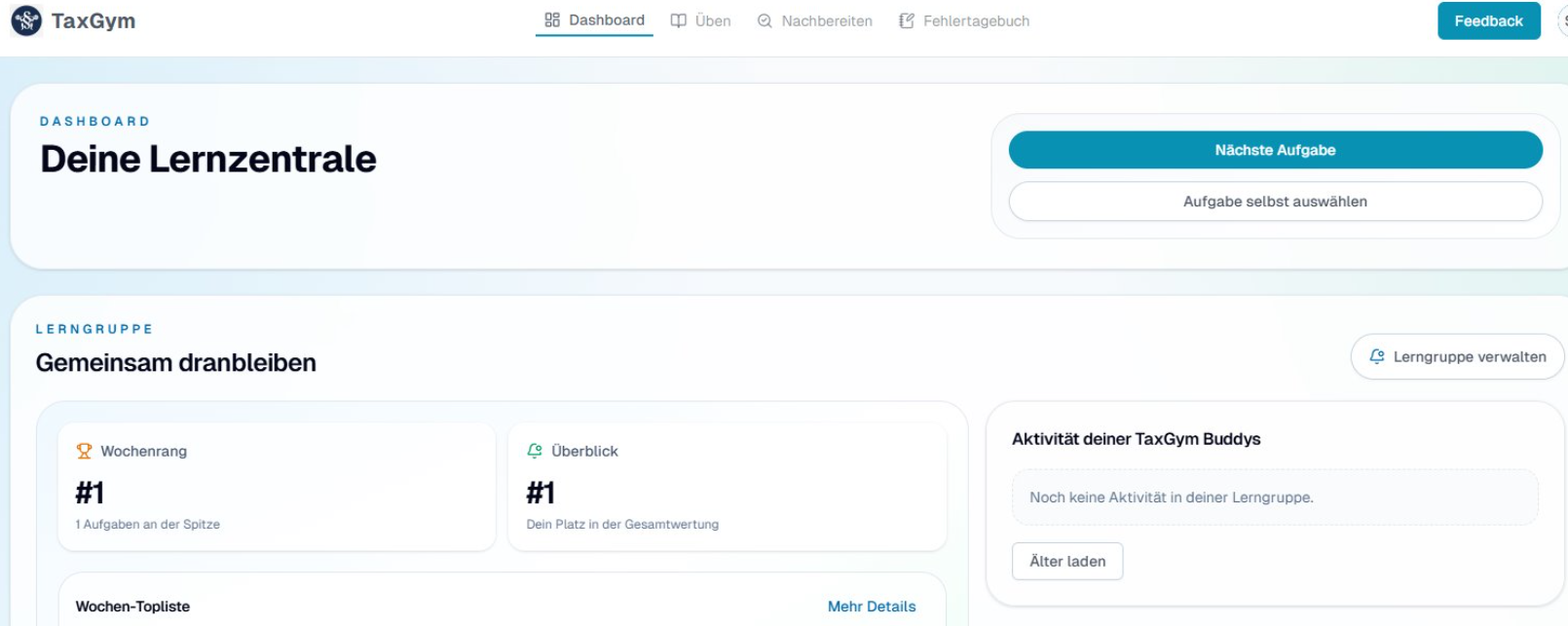 Dashboard-Ansicht von TaxGym mit Lernfortschritt, Aufgaben und Einreichungen